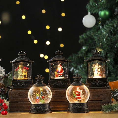 Lanterne Boule De Neige De Noël Rétro Lampe À Eau Musicale LED Avec Tourbillon Scintillant Décoration De Table Ornement