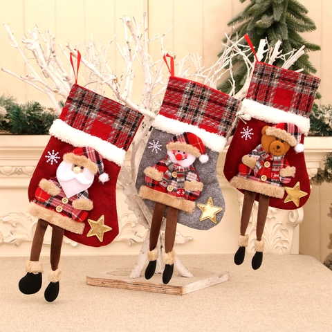 Christmas Stocking Ornament Plaid Flannel Fabric Candy Gift Bag 3D Santa Snowman Reindeer Bear Festive Holiday Home Decor