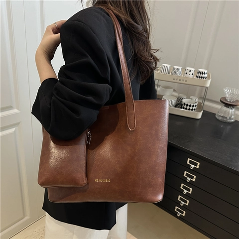 Bolso Tote de Cuero PU de Gran Capacidad Y Mini Bolsa Para Mujer Estilo Coreano Bolso de Hombro Simple Para Oficina Diario Negro Marrón Café