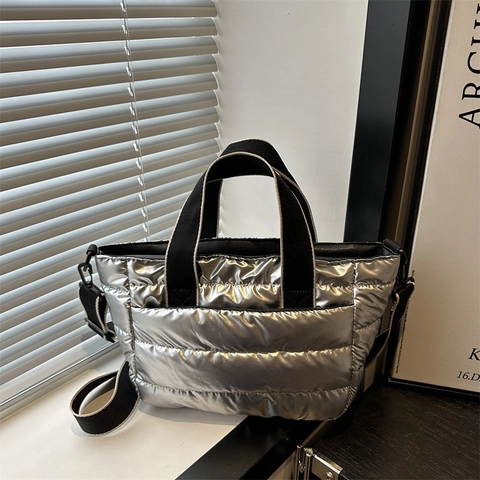 Metallische Gesteppte Puffer Tasche Damen Mode Glänzend Wasserdichte Schultertasche Große Kapazität Handtasche Herbst Winter