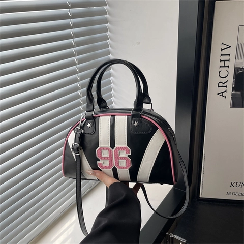 Borsa Bowling da Donna in Pelle PU Sportiva Retro Con Stampa Numerica 96 Strisce a Contrasto Rivetti a Stella Borsa a Tracolla Boston