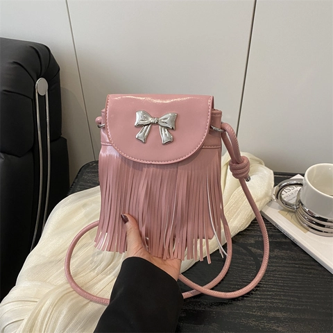 Bolso De Hombro Para Mujer Cuero PU Mini Bolsa Para Teléfono Flecos De Borla Lazo De Metal Moda Dulce