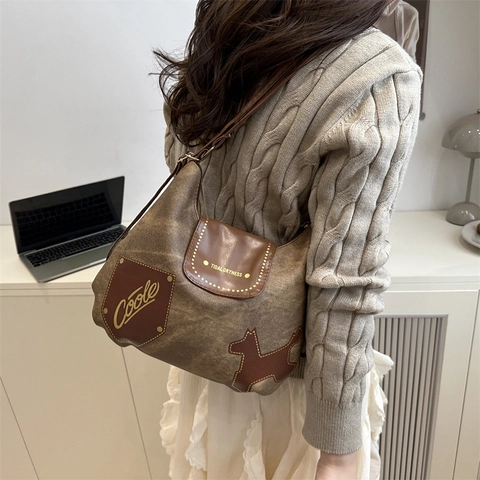 Retro Women Shoulder Tote Bag Canvas PU Leather Patchwork Dog Pattern Underarm Handbag Casual Large Capacity Commuter