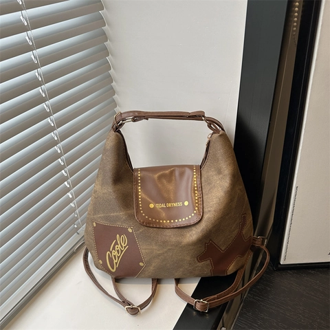 Bolso Tote De Lona Y Cuero Retro Mujer Bolso De Hombro Multifuncional Vintage Patchwork Diseño Perro