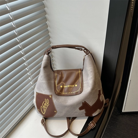 Bolso Tote De Lona Y Cuero Retro Mujer Bolso De Hombro Multifuncional Vintage Patchwork Diseño Perro