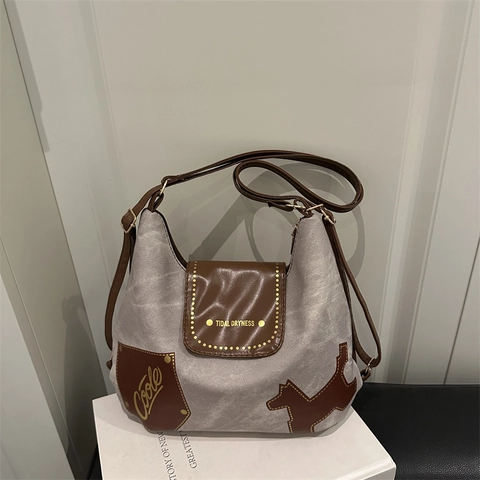 Retro Women Shoulder Tote Bag Canvas PU Leather Patchwork Dog Pattern Underarm Handbag Casual Large Capacity Commuter