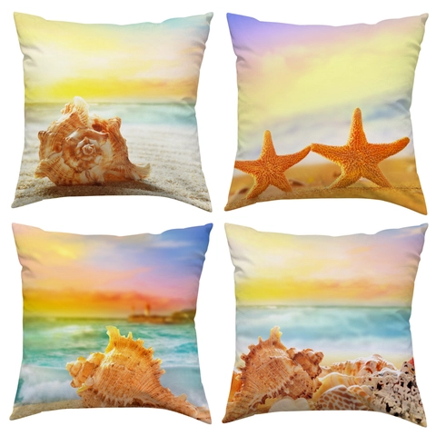 Funda de Cojín Playa de Verano Océano Poliéster Concha Estrella de Mar Atardecer Cuadrada Decorativa para Sofá Coche Hogar