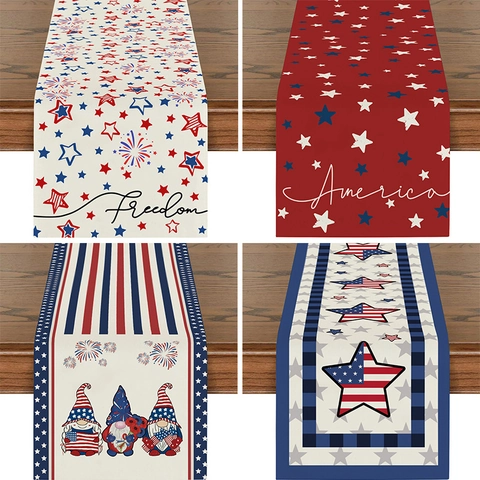 Chemin De Table Décoration Jour Indépendance Américaine Étoiles Rayures Imprimé Polyester Lin Patriotique Maison Décor