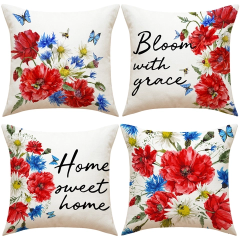 Dekorativer Kissenbezug Leinenmischung Floral Mohn Kornblume Schmetterling Druck Quadratischer Kissenbezug Amerikanischer Stil