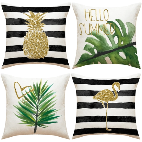Funda de Almohada Decorativa Hoja Tropical Brillo Dorado Puntos Rayas Poliéster Cuadrado Funda de Cojín Para Sofá Hogar