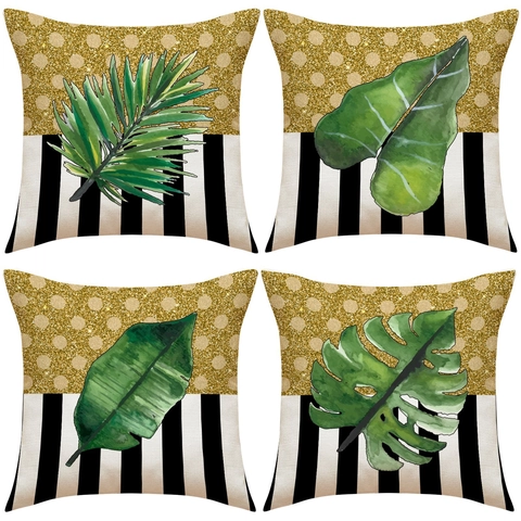 Funda de Almohada Decorativa Hoja Tropical Brillo Dorado Puntos Rayas Poliéster Cuadrado Funda de Cojín Para Sofá Hogar