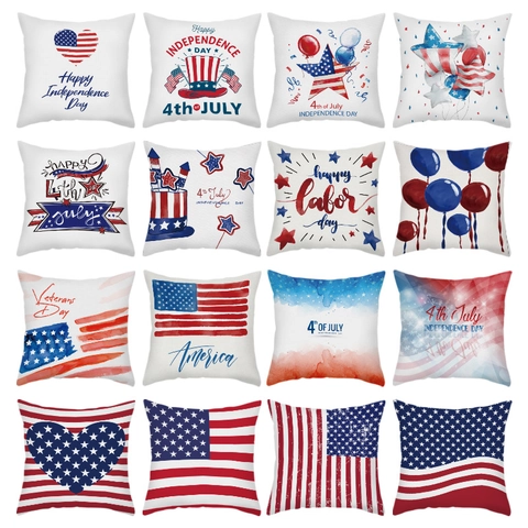 Patriotischer US Flagge Kissenbezug Pfirsichhaut Samt Independence Day Kissenhülle Sofa Deko Sterne Streifen Rot Weiß Blau