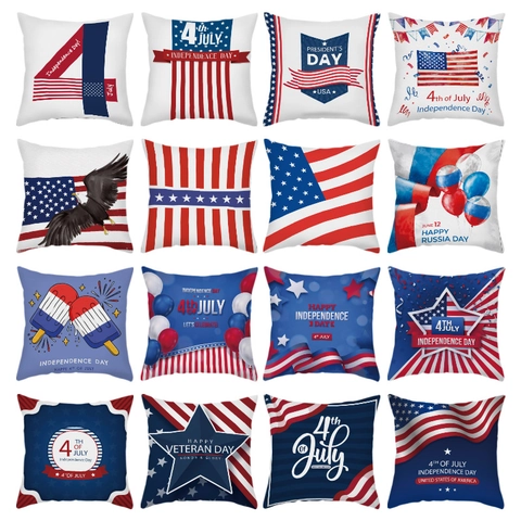 Patriotischer US Flagge Kissenbezug Pfirsichhaut Samt Independence Day Kissenhülle Sofa Deko Sterne Streifen Rot Weiß Blau