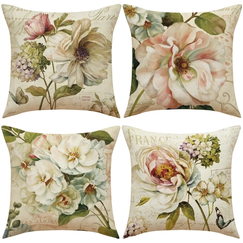 Vintage Linen Cushion Cover Floral Botanical Print Decorative Pillow Case For Sofa Home Car Couch Decor