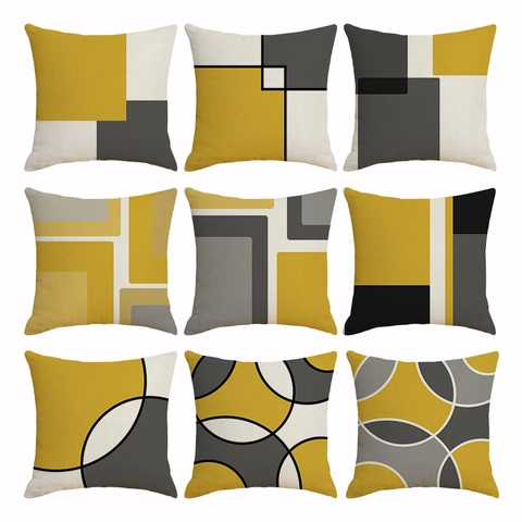 Nordic Abstract Geometric Cushion Cover Modern Yellow Grey Linen Cotton Pillowcase For Sofa Bed Home Decor