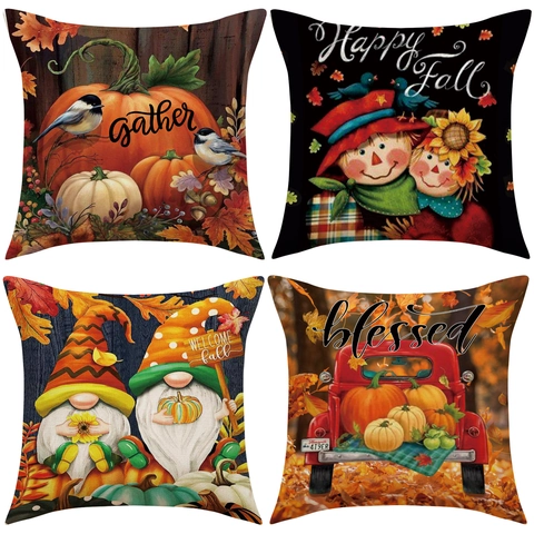 Herfst Thanksgiving Kussenhoezen Linnenmix Pompoen Esdoornblad Kabouter Oogstfeest Home Sofa Decoratieve Kussenslopen