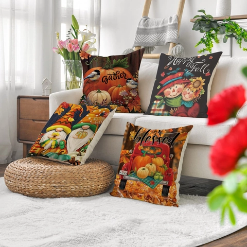 Herfst Thanksgiving Kussenhoezen Linnenmix Pompoen Esdoornblad Kabouter Oogstfeest Home Sofa Decoratieve Kussenslopen