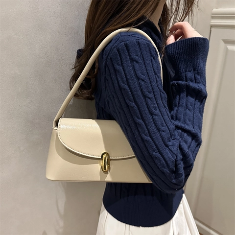 French Vintage PU Leather Underarm Shoulder Bag For Women Solid Color With Gold Rotating Lock Chic Versatile Fashion Purse