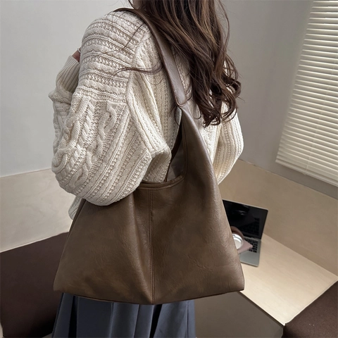 Women Shoulder Bag PU Leather Large Capacity Hobo Tote Commuter Retro Solid Color And Small Pouch