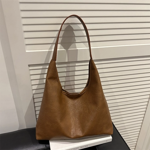 Women Shoulder Bag PU Leather Large Capacity Hobo Tote Commuter Retro Solid Color And Small Pouch