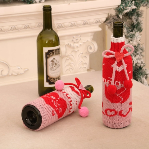 Copribottiglia Di Vino In Maglia Con Motivo A Cuore Love You Fiocco Pom Poms Per Decorazione Tavola Di Festa