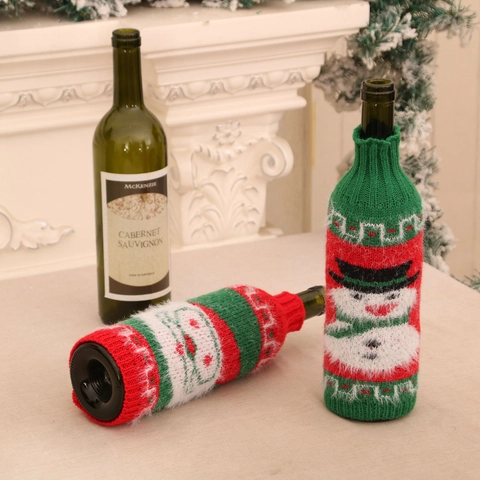 Christmas Knitted Wine Bottle Cover Santa Claus Snowman Pattern Knitted Polyester Xmas Party Dinner Table Decor Gift Wrap