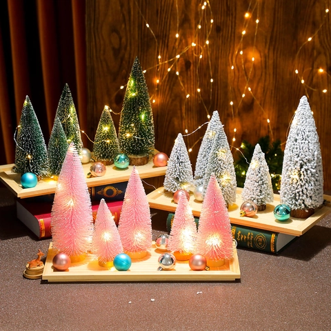 Mini Weihnachtsbaum PVC Sisal Glühende LED Licht Desktop Deko Modern Festlich Holz Tablett Ornamente Hotel Display