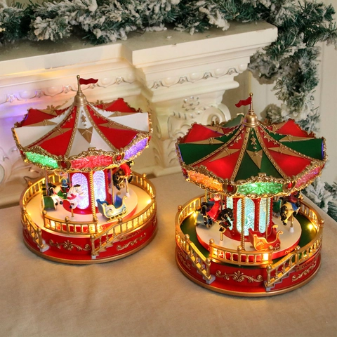 Carrousel De Noël Boîte À Musique LED Lumineux Rotatif Ornement Musical Décoration De Table Festive Cadeau Vintage