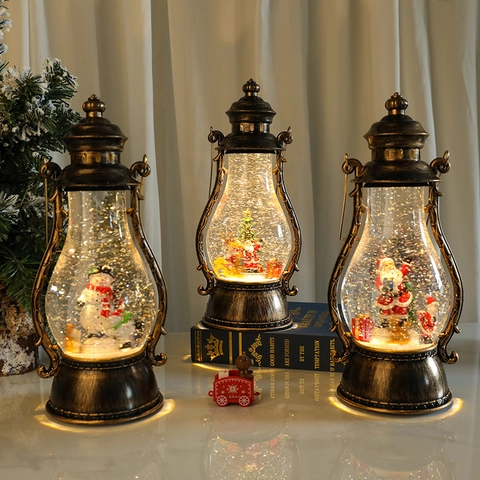 Vintage Musical Rotating Christmas Snow Globe Lantern Musical Water Filled LED Light Glittering Lamp For Holiday Home Decoration Christmas Gift