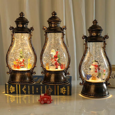 Vintage Musical Rotating Christmas Snow Globe Lantern Musical Water Filled LED Light Glittering Lamp For Holiday Home Decoration Christmas Gift
