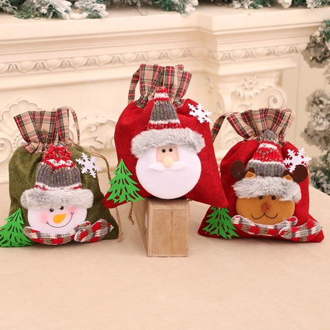 Sacchetti Regalo di Natale Design 3D Babbo Natale Pupazzo di Neve Renna Flanella Quadretti Coulisse Festa Decorazione