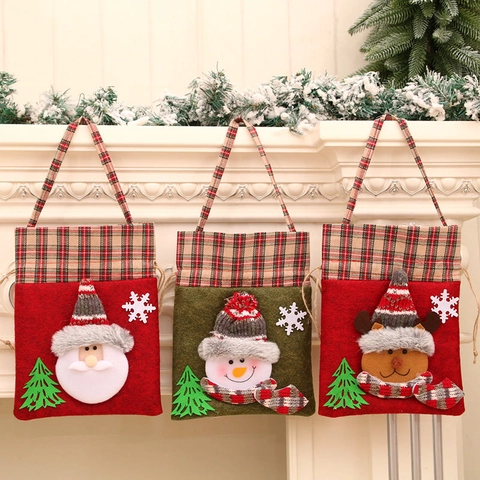 Sacchetti Regalo di Natale Design 3D Babbo Natale Pupazzo di Neve Renna Flanella Quadretti Coulisse Festa Decorazione