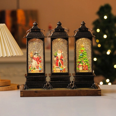 Lanterne Boule à Neige Musicale LED Remplie d'Eau de Noël Vintage Avec Père Noël Bonhomme de Neige Sapin Décoration Maison