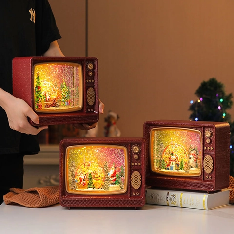Boule à Neige de Noël Vintage Télévision Train à Vapeur Lumière LED Musique Père Noël Bonhomme de Neige Renne Décoration Cadeau