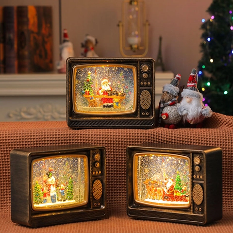 Boule à Neige de Noël Vintage Télévision Train à Vapeur Lumière LED Musique Père Noël Bonhomme de Neige Renne Décoration Cadeau