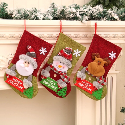 Calcetines De Navidad Bolsas De Regalo Arpillera 3D Papá Noel Muñeco De Nieve Reno Decoración Colgante Chimenea Caramelos
