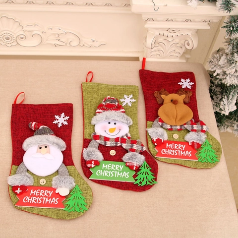 Calcetines De Navidad Bolsas De Regalo Arpillera 3D Papá Noel Muñeco De Nieve Reno Decoración Colgante Chimenea Caramelos