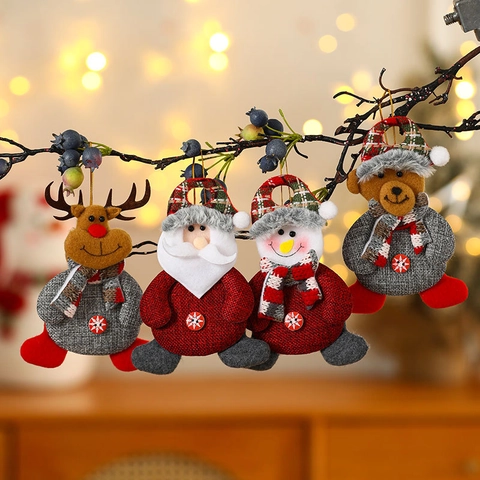 Adornos Colgantes de Navidad de Peluche Papá Noel Muñeco de Nieve Reno Oso Muñecos de Tela Con Botón de Copo de Nieve Bufanda de Cuadros para Árbol de Navidad