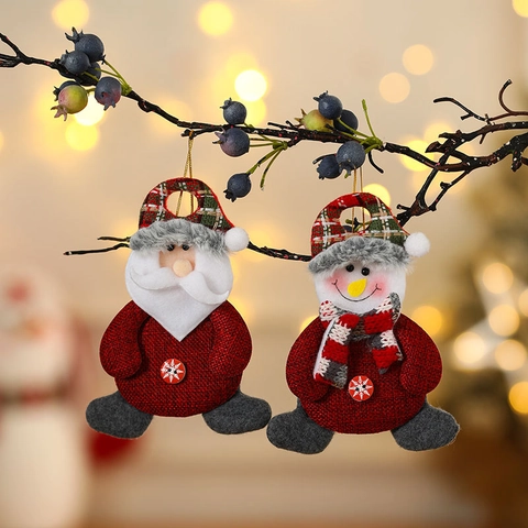 Adornos Colgantes de Navidad de Peluche Papá Noel Muñeco de Nieve Reno Oso Muñecos de Tela Con Botón de Copo de Nieve Bufanda de Cuadros para Árbol de Navidad