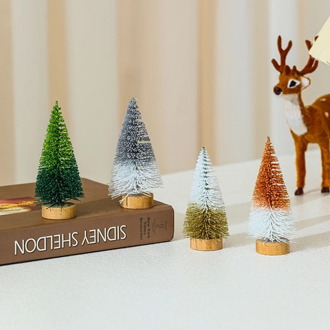Mini Albero Di Natale Spazzola Bottiglia Cedro Fibra Sisal Base Legno Neve Glitter Tavolo Scrivania Festa Vacanze Inverno