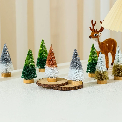 Mini Albero Di Natale Spazzola Bottiglia Cedro Fibra Sisal Base Legno Neve Glitter Tavolo Scrivania Festa Vacanze Inverno
