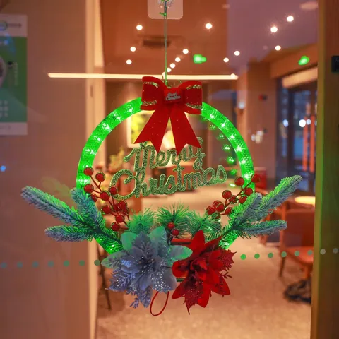 Corona De Navidad LED Con Luces Aguja De Pino Artificial Baya Roja Letrero Merry Christmas Decoración Colgante Ventana