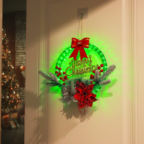 Corona De Navidad LED Con Luces Aguja De Pino Artificial Baya Roja Letrero Merry Christmas Decoración Colgante Ventana