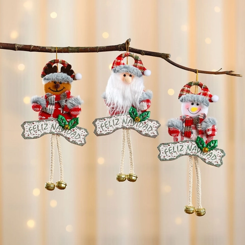 Weihnachtsanhänger Weihnachtsmann Schneemann Rentier Plüsch Deko Mit Glocken Und Feliz Navidad Schild Baumschmuck