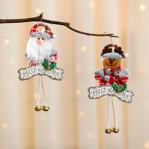Weihnachtsanhänger Weihnachtsmann Schneemann Rentier Plüsch Deko Mit Glocken Und Feliz Navidad Schild Baumschmuck