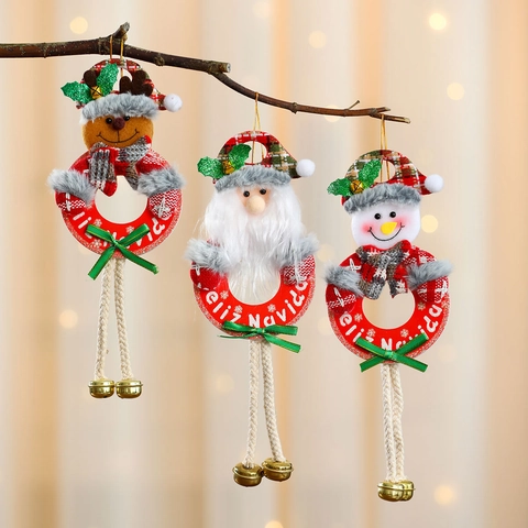 Weihnachtsbaum Hängende Ornamente Mit Metallglocke Feliz Navidad Karierter Hut Weihnachtsmann Schneemann Rentier Plüsch Anhänger Für Feiertagsdekoration