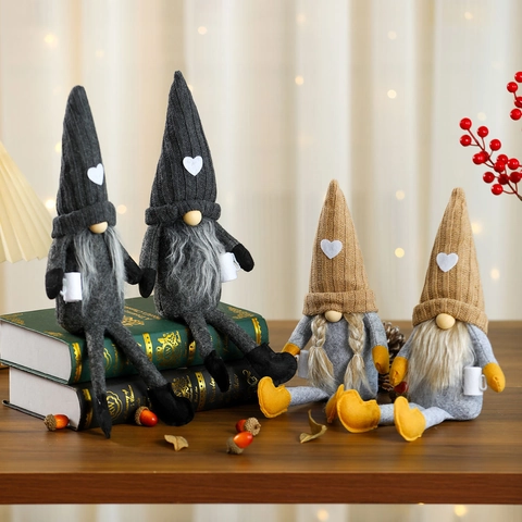 Christmas Knitted Faceless Gnome Doll Ornament Nordic Long Leg Sitting Plush Gnome With Heart Coffee Cup Home Holiday Party Desktop Decoration