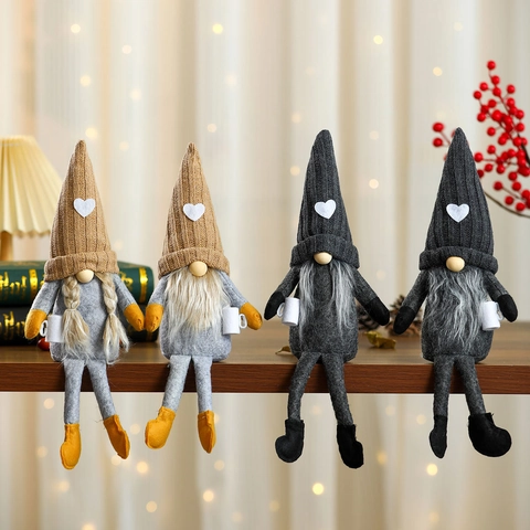 Christmas Knitted Faceless Gnome Doll Ornament Nordic Long Leg Sitting Plush Gnome With Heart Coffee Cup Home Holiday Party Desktop Decoration