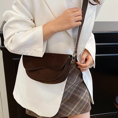Women Retro Suede Texture PU Leather Saddle Bag Wave Flap Wide Adjustable Strap Elegant Daily Messenger Crossbody Shoulder Bag