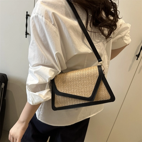 Women Straw Woven Shoulder Crossbody Bag Striped Pattern Envelope Flap Synthetic Leather Trim Bohemian Casual Chic Handbag